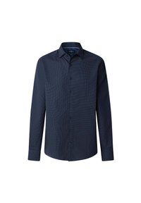 Marineblauwe blouse met lange mouwen, knoopsluiting en een subtiel stippenpatroon, plat weergegeven op een witte achtergrond.