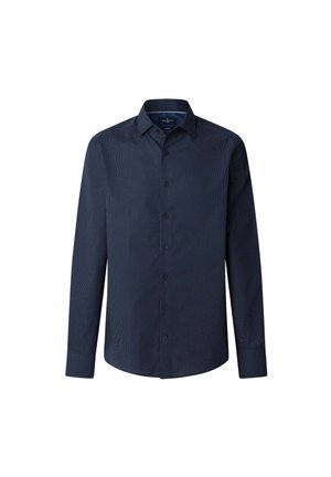 Marineblaue Langarmhemd mit Knopfleiste, einem dezenten Punkte-Muster und einem klassischen Kragen, flach auf einem weißen Hintergrund präsentiert.