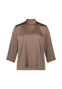 Maglietta lunga in satin marrone, con colletto alto e maniche 3/4. Texture liscia e vestibilità rilassata, con orlo dritto e design minimalista.
