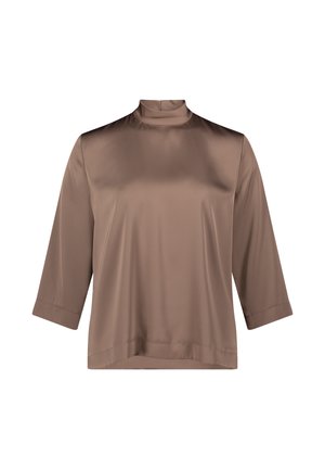 Bruine, satijnen lange mouw top met een hoge hals en driekwartmouwen. Glad textuur en relaxte pasvorm, met een rechte zoom en een minimalistisch ontwerp.