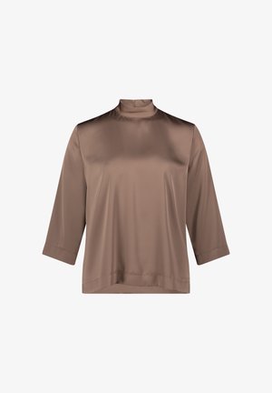 Braunes, satinartiges Langarmoberteil mit hohem Kragen und 3/4-Ärmeln. Glatte Textur und lockere Passform, mit geradem Saum und minimalistischem Design.