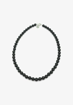 Collana di perle nere composta da perle sferiche lucide con chiusura in argento. Dimensioni e forma uniformi in tutto il gioiello. Design semplice senza motivi.