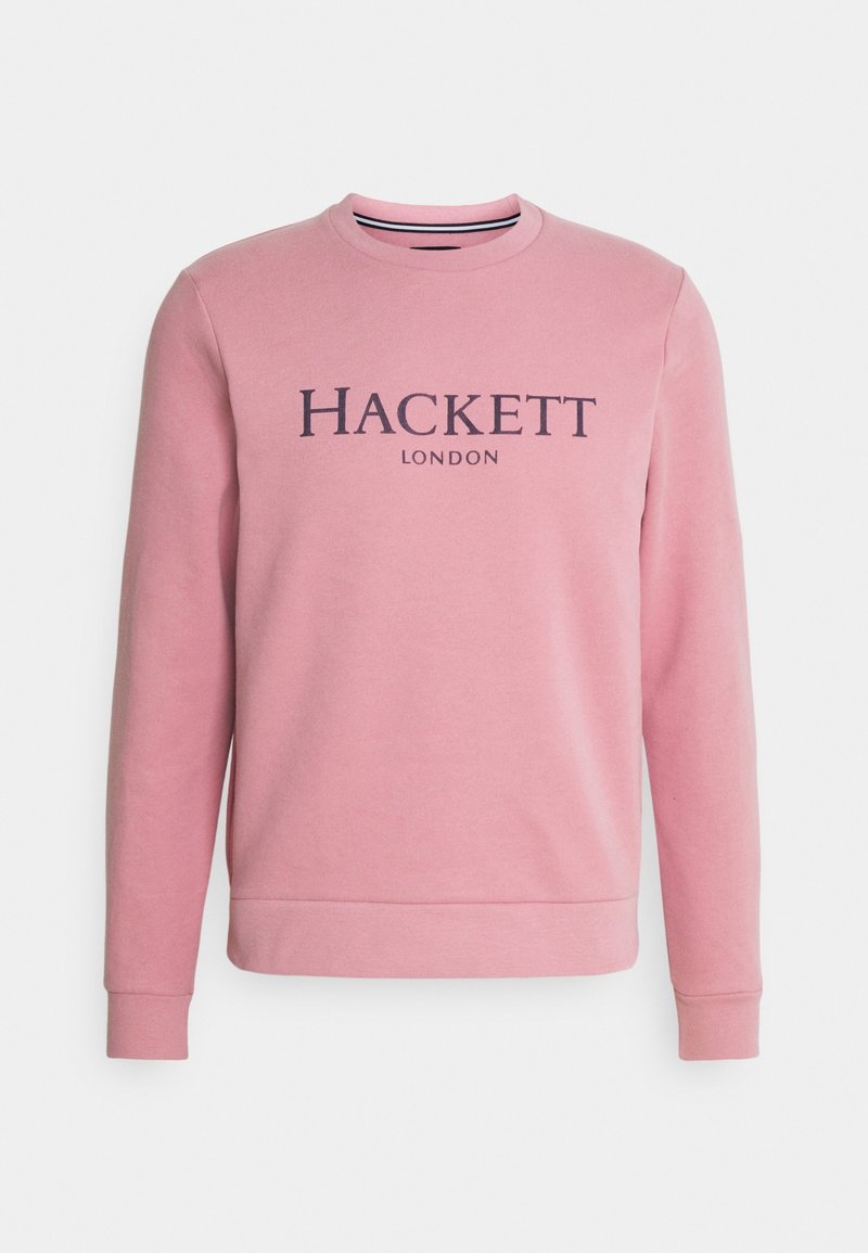 Sudadera de manga larga de color rosa con cuello redondo, con "Hackett London" impreso en texto negro en el frontal, puños y dobladillo acanalados.