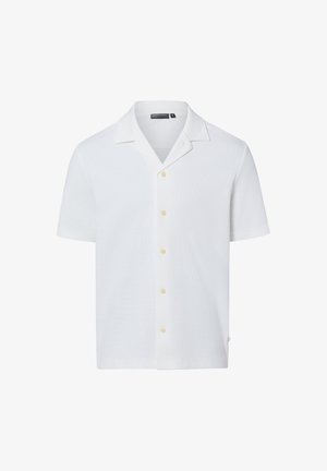 Camicia bianca a manica corta in tessuto strutturato, con colletto e sei bottoni beige sul davanti. Orlo dritto, design casual.