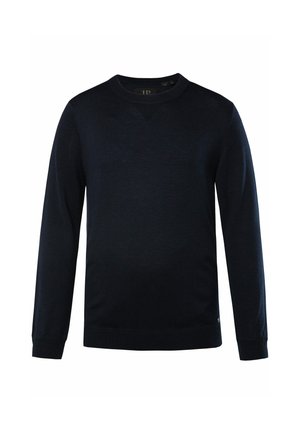 Suéter azul marino hecho de un material de punto suave, con cuello redondo, mangas largas y puños acanalados con un diseño de textura sutil.