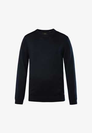 Granatowy sweter wykonany z miękkiego materiału dzianinowego, z okrągłym dekoltem, długimi rękawami i ściągaczami z delikatnym wzorem tekstury.