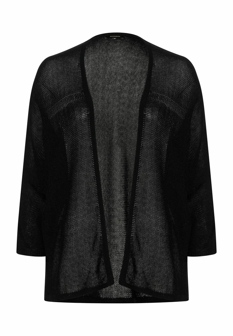 Zwarte, open voorzijde cardigan met 3/4 mouwen, gemaakt van een lichtgewicht, doorschijnend breimateriaal. Heeft een afgeronde zoom en geen sluitingen.