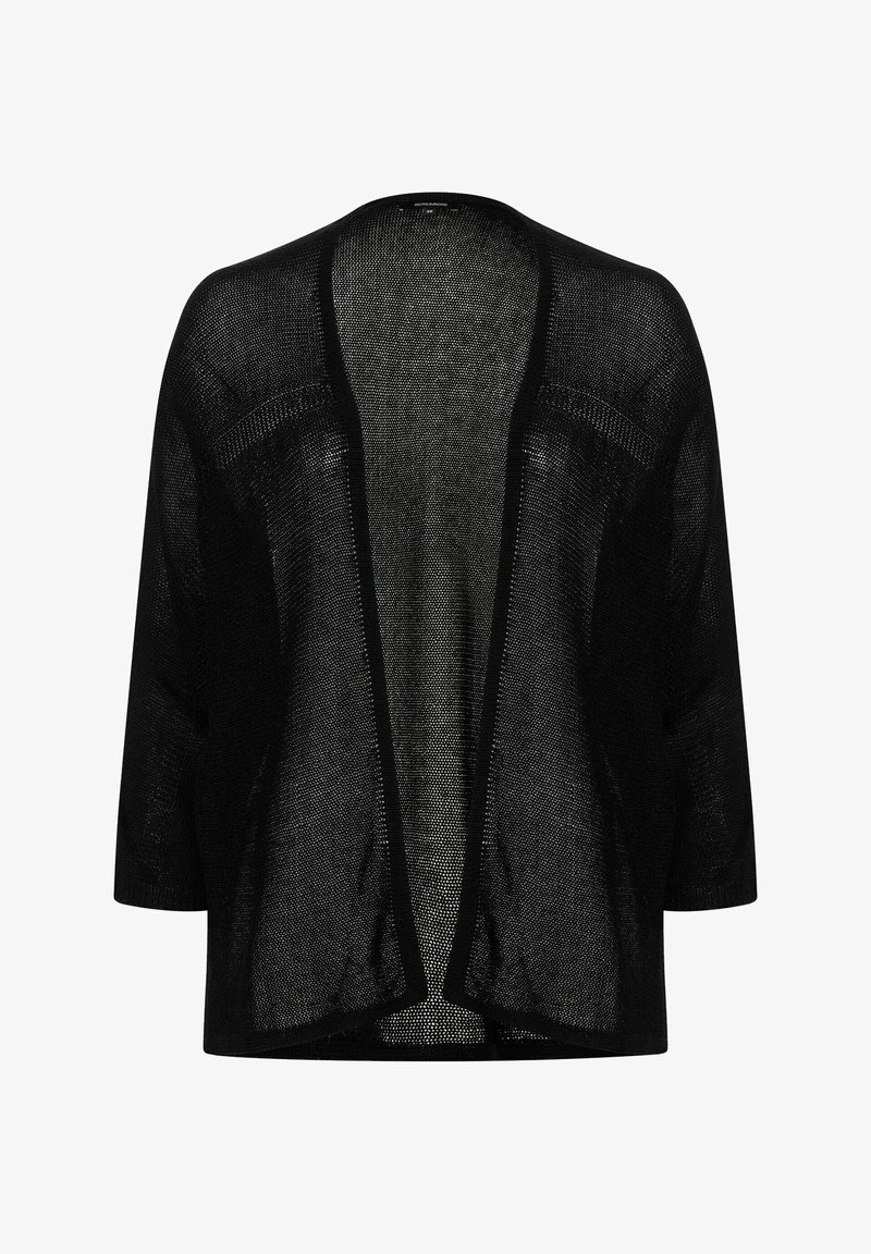 Zwarte, open voorzijde cardigan met 3/4 mouwen, gemaakt van een lichtgewicht, doorschijnend breimateriaal. Heeft een afgeronde zoom en geen sluitingen.