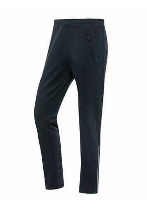 Schwarze Sporthose aus glattem Stoff, mit einem strukturierten Bund, einer seitlichen Reißverschlusstasche und einem weißen Akzentstreifen an der Seite.