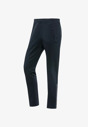 Black athletic pants made of smooth fabric, featuring a textured waistband, a zippered side pocket, and a white accent stripe on the side.