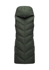 Grüne isolierte ärmellose Weste mit Kapuze, ausgestattet mit einem Chevron-Steppmuster und einer glatten Textur. Dezentes Markenlogo nahe dem Saum.