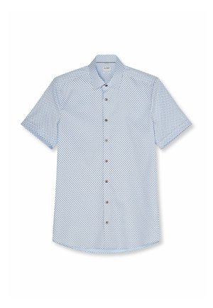 Camicia azzurra a maniche corte con piccoli rombi scuri e colletto appuntito, distesa su sfondo bianco.