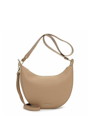 Beige leather shoulder bag with a curved shape, textured surface, and a thin adjustable strap. Features a metallic logo on the front.