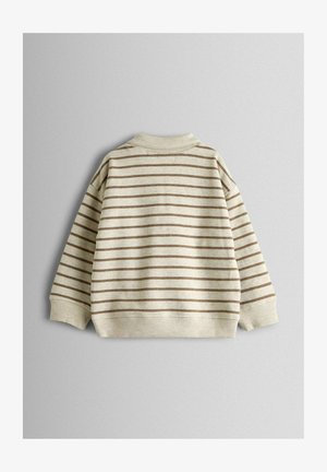 Pruhovaná mikina v béžovej a hnedej farbe. Mäkká textúra, rebrované manžety a lem, klasický dizajn s okrúhlym výstrihom, nadmerný strih a ležérny štýl.