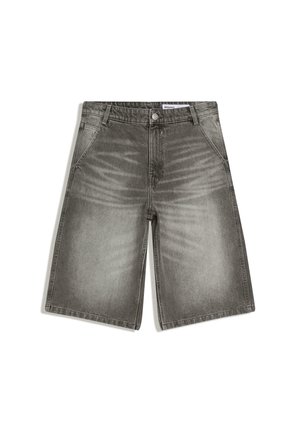 Gray denim shorts with front pockets, button closure, belt loops, and faded detailing on thighs and near the zipper area.