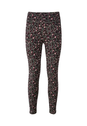 Hoge taille leggings met een roze en zwarte panterprint op donkergrijze stof, slim fit, volle lengte.