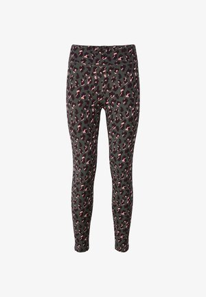 Hoch taillierte Leggings mit rosa und schwarzem Leopardenmuster auf dunkelgrauem Stoff, enganliegend, in voller Länge.