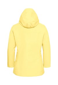Veste à capuche jaune à manches longues vue de dos, avec une couture sur le haut du dos et un onglet sur la capuche.