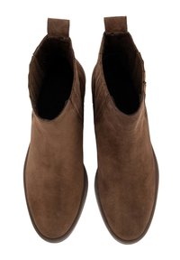 Bruna mockaläder chelsea boots med en slät yta, rund tå, elastiska sidopaneler och dragflikar på baksidan för enkel påtagning.