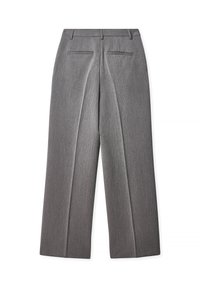 Gray tailored trousers with a straight cut, featuring a smooth texture, two rear pockets, and front pleats for a structured look.