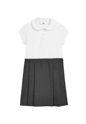 Weißes kurzärmliges Kleid mit einem kragenlosen Ausschnitt, ausgestattet mit einer durchgängigen Knopfleiste und einem gefältelten Rock in Dunkelgrau. Aus glattem Baumwollgemisch.