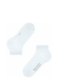 Calzini alla caviglia bianchi in cotone con polsini a costine. Presentano un logo stampato "Burlington Palace Street" in grigio sul lato. Texture liscia, design classico.