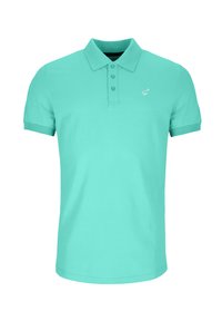 Mintgrünes Poloshirt mit kurzen Ärmeln, drei Knöpfen und einem kleinen weißen gestickten Logo auf der linken Brust.