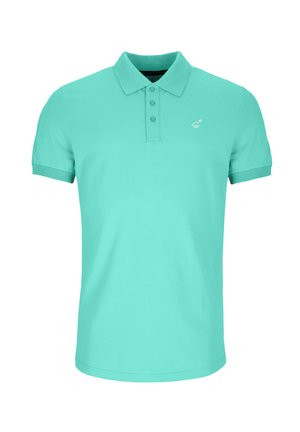 P Mintgroene polo met korte mouwen, voorzien van drie knopen en een klein wit geborduurd logo op de linkerkant van de borst.