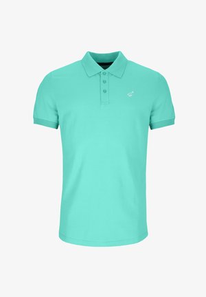 Mintgrünes Poloshirt mit kurzen Ärmeln, drei Knöpfen und einem kleinen weißen gestickten Logo auf der linken Brust.