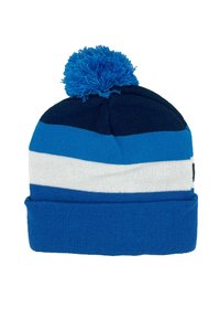 Gebreide beanie in blauw, marineblauw en witte strepen met een gestructureerde afwerking en een fluffy blauwe pompon bovenop. Omgeslagen ontwerp voor een stevige pasvorm.