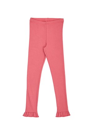 Lyserøde børneleggings med flæsekant og en tætsiddende elastisk linning, lavet af blødt og elastisk stof.