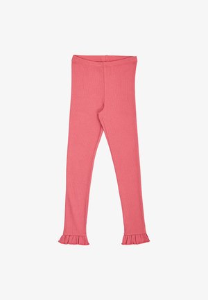Lyserøde børneleggings med flæsekant og en tætsiddende elastisk linning, lavet af blødt og elastisk stof.