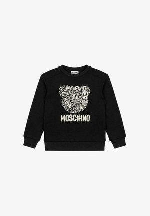 Schwarzer Sweater aus Baumwolle mit einem Bärenmotiv, das aus musikalischen Noten besteht. "MOSCHINO" in Weiß unter dem Design geschrieben.