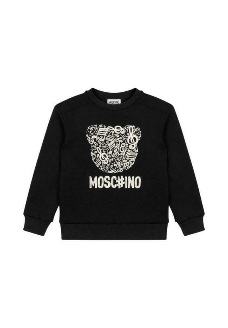 Felpa nera in cotone, caratterizzata da un graffito di un orso composto da note musicali. "MOSCHINO" scritto in bianco sotto il design.