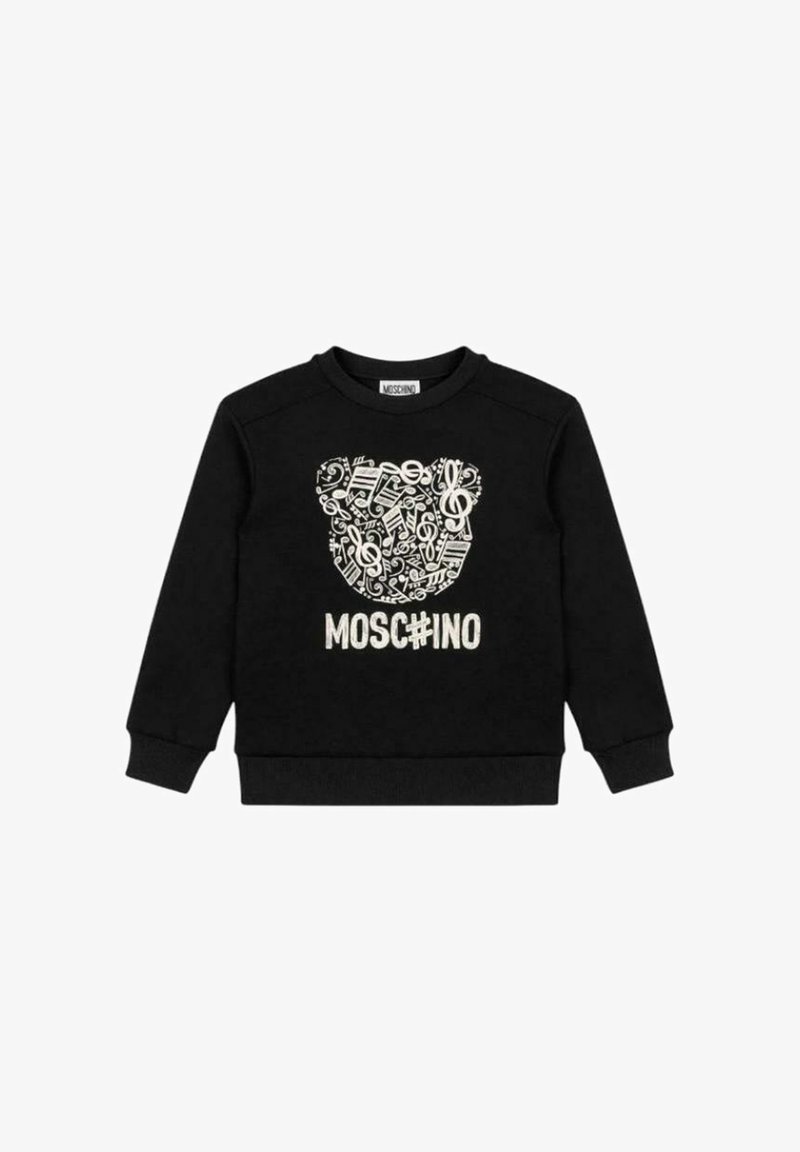 Sudadera negra de algodón con un gráfico de un oso compuesto por notas musicales. "MOSCHINO" escrito en blanco debajo del diseño.