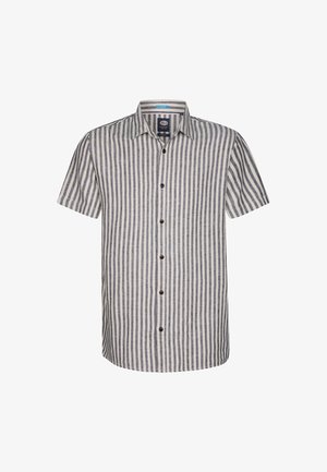 Camicetta a righe a maniche corte in beige e blu scuro, con chiusura a bottoni frontale, colletto e tessuto leggero per facilitare la traspirabilità.