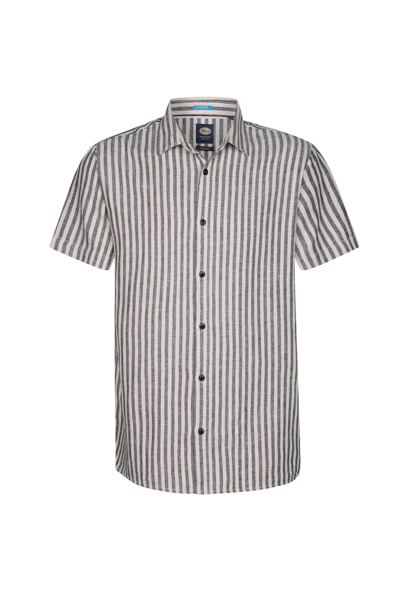 Camisa de manga corta a rayas en beige y azul marino, con cierre de botones en la parte delantera, cuello y tejido ligero para mayor transpirabilidad.