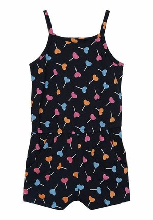 Sort ærmeløs romper med mønster af hjerteformede slikkepinde i pink, blå og orange samt elastik i taljen.