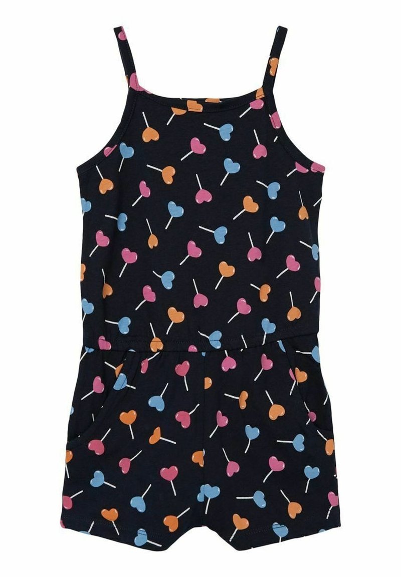 Combinaison noire sans manches avec un motif de sucettes en forme de cœur rose, bleu et orange, et une taille élastique.