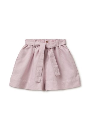 Hellrosa Shorts mit hoher Taille und passendem Stoffgürtel, vorne Knopf, elastischem Bund und weitem Beinabschluss.