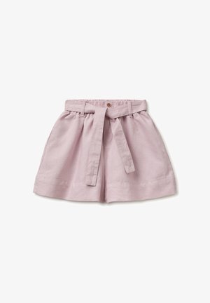 Jasnoróżowe szorty z wysokim stanem, z dopasowanym paskiem z tkaniny, guzikiem z przodu, elastyczną talią i szerokimi nogawkami.