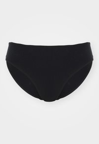 Black bikini bottom with a smooth texture, medium coverage, and a high waist design. Features stitched seams and a classic curved shape.