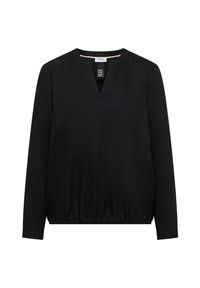 Blouse noire à manches longues avec un petit col en V et un col mao, dotée d'un élastique à l'ourlet pour un ajustement froncé.