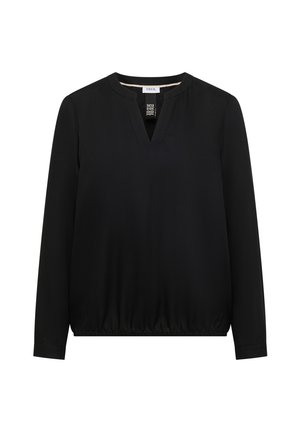 Zwarte blouse met lange mouwen, een kleine V-hals en een opstaande kraag, met elastiek aan de zoom voor een geplooide pasvorm.