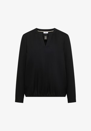 Blusa negra de manga larga con un pequeño escote en V y cuello mao, con elástico en el dobladillo para un ajuste fruncido.