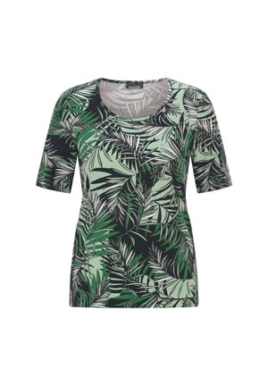 Camicia a maniche corte con fantasia di foglie tropicali verdi, nere e bianche e scollo rotondo.