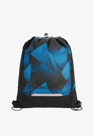 Schwarz-blauer Rucksack mit Kordelzug und geometrischem Muster, Coocazoo-Logo und schwarzen verstellbaren Kordelriemen.