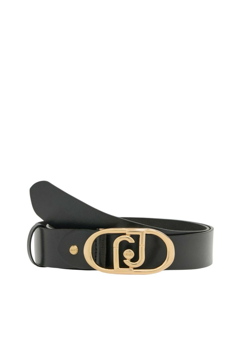Ceinture en cuir noir avec une boucle ovale dorée présentant un design stylisé "C" et "J". Texture lisse, largeur classique et bout arrondi.