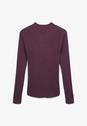 Maglione a maniche lunghe viola a coste con collo alto e silhouette aderente. Texture morbida e finitura liscia. Nessun hardware o accento visibile.