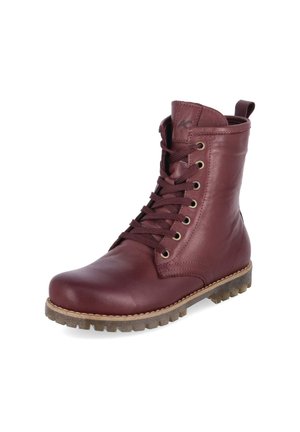 Dunkelroter Leder-Schnürstiefel mit brauner Gummisohle und Zuglasche hinten, leicht schräg auf weißem Hintergrund gezeigt.